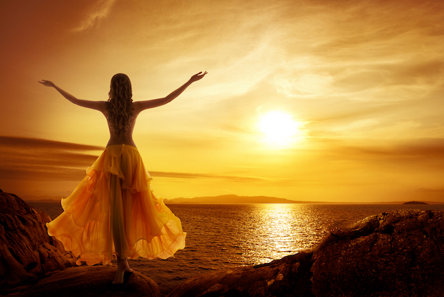 Calm Woman Meditating on Sunset Beach, Relax in Open Arms Pose