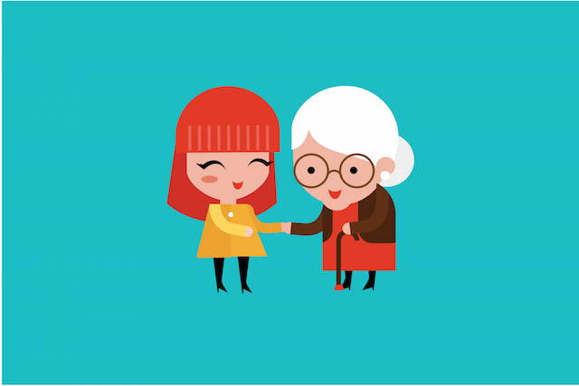 young volunteer woman caring for elderly woman