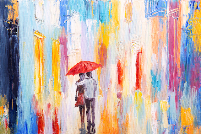 couple is walking in the rain under an umbrella, abstract colorful oil painting
